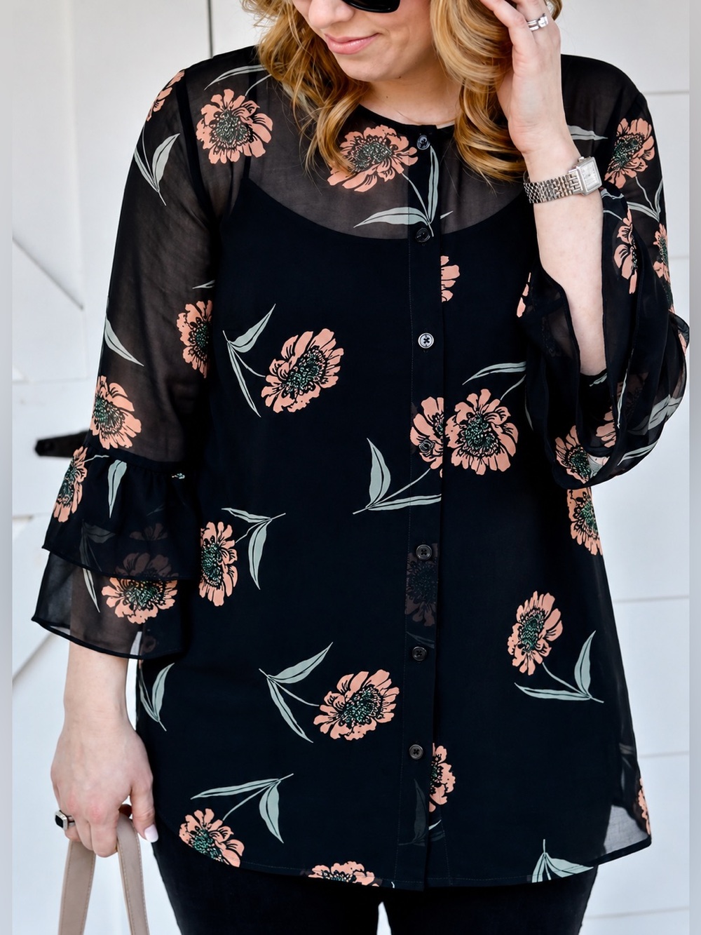 Cabi Sheer Black Floral Ruffle Sleeve Button Front Blouse Top Women’s Size M